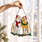 Horse Pair in Santa Hats with Wreath Holographic Acrylic Suncatcher