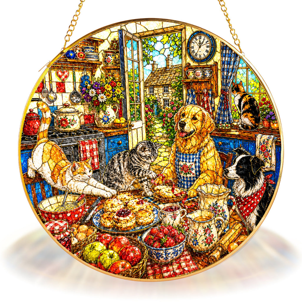 Cats and dogs cottage stained glass suncatcher