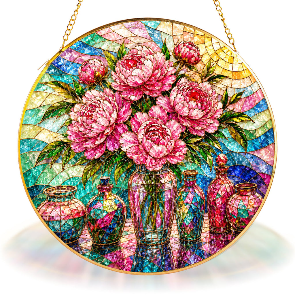 Pink Peony Stained Glass Suncatcher