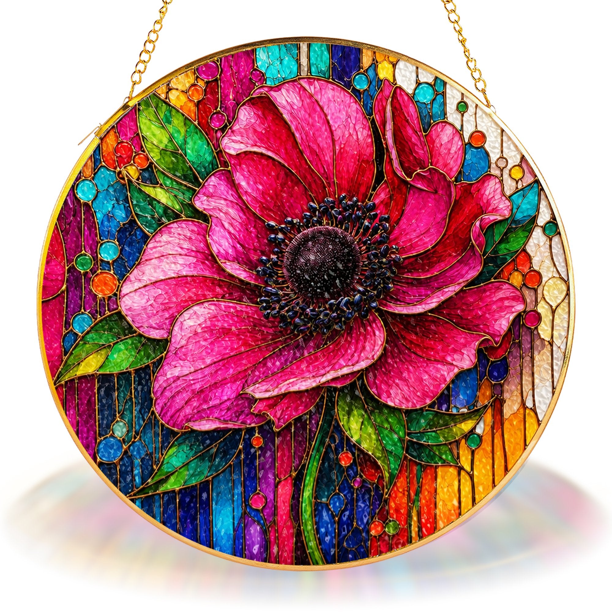 Pink Anemone Floral Stained Glass Suncatcher