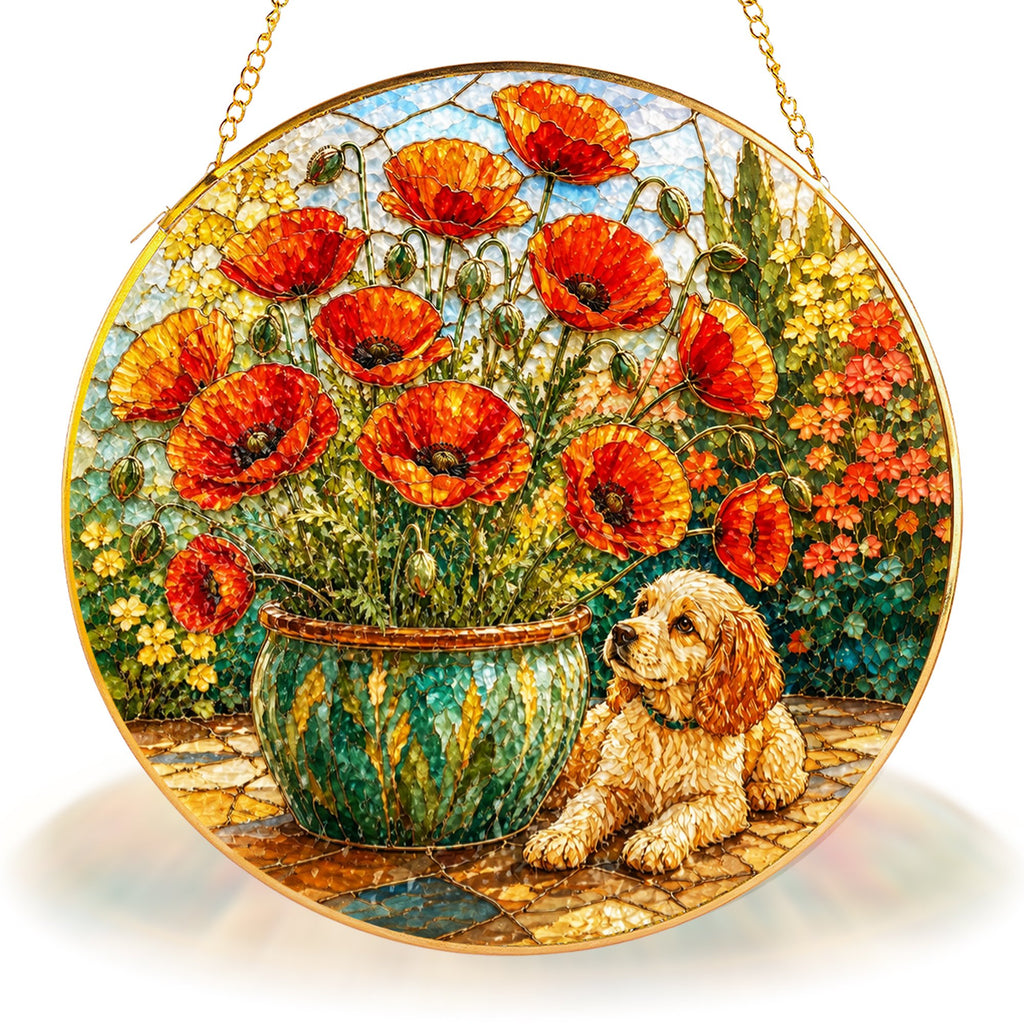 Poppy and Puppy Stained Glass Suncatcher