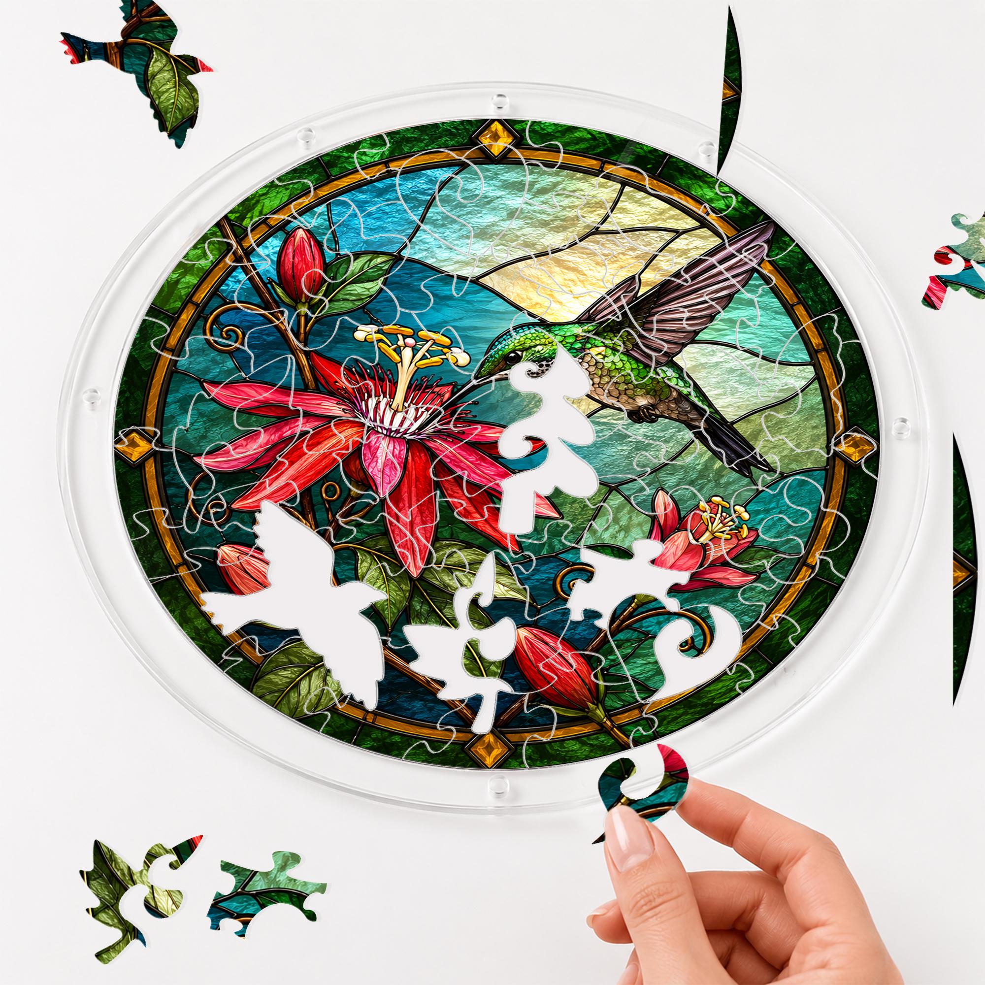 Pink Blossom Hummingbird Puzzle Suncatcher