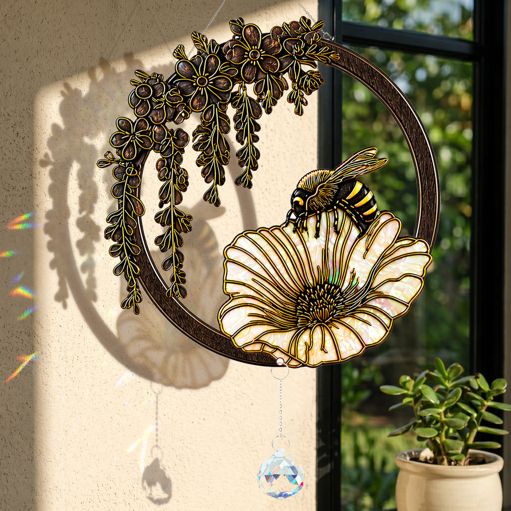 Bee Stained Glass Suncatcher with Flower and Crystal