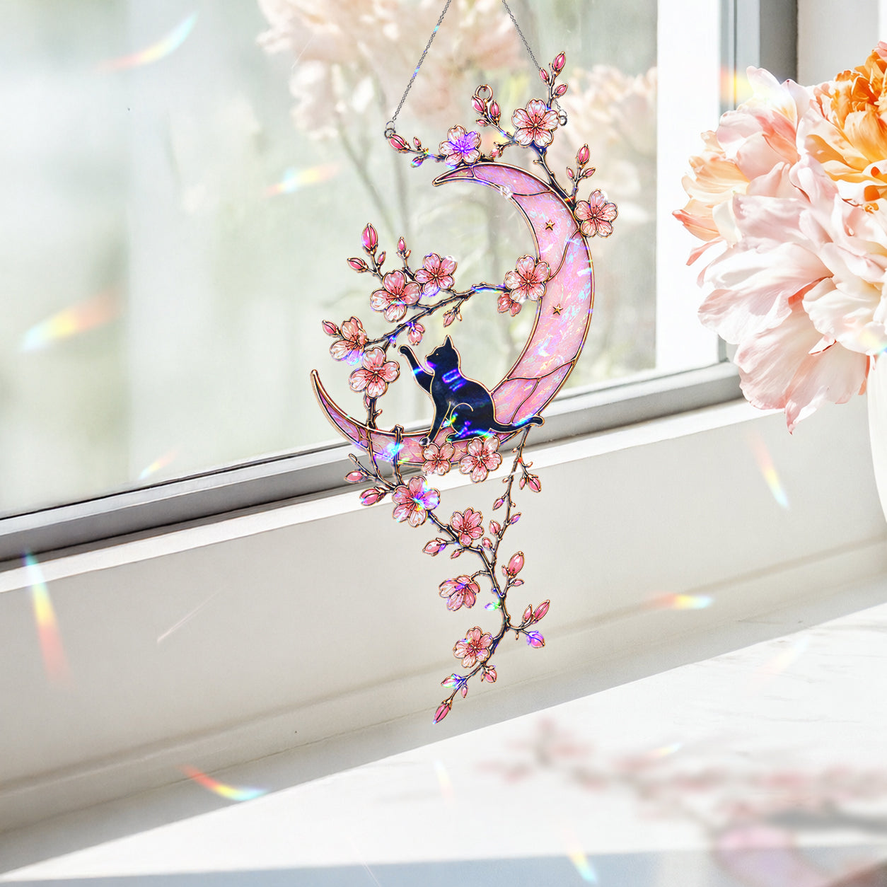 Black Cat & Cherry Blossom Moon Holographic Acrylic Suncatcher