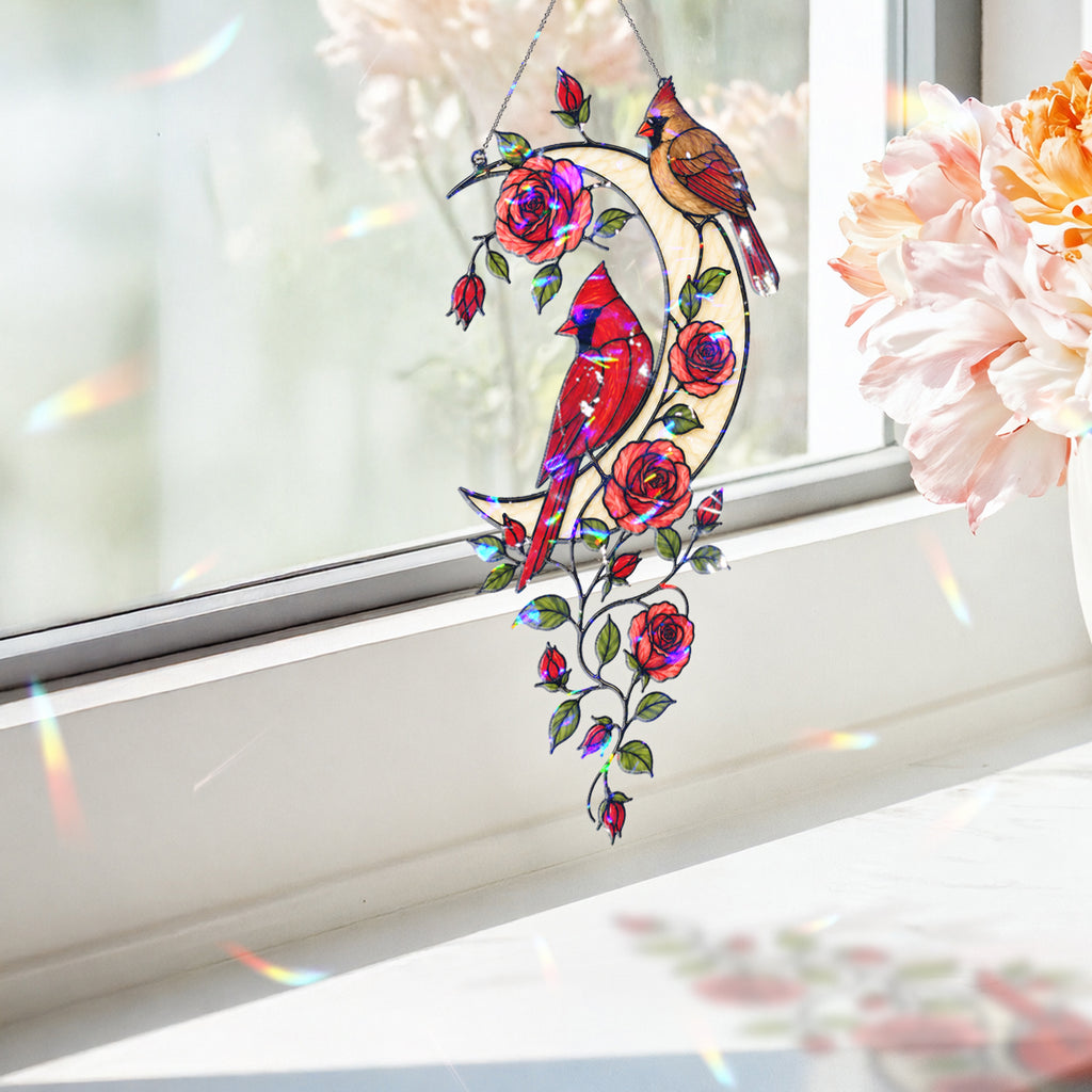 Cardinal Pair & Roses Crescent Moon Holographic Acrylic Suncatcher