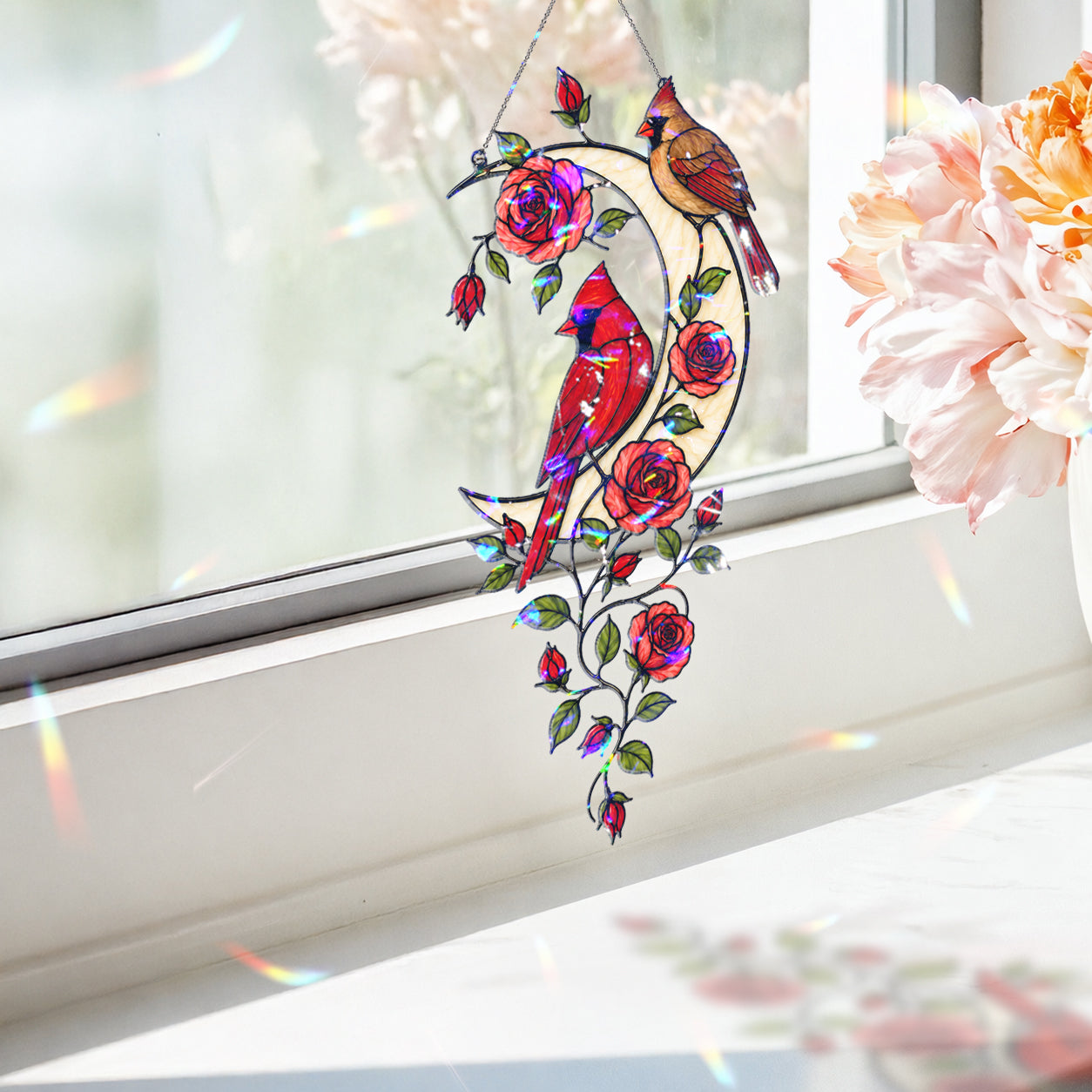 Cardinal Pair & Roses Crescent Moon Holographic Acrylic Suncatcher