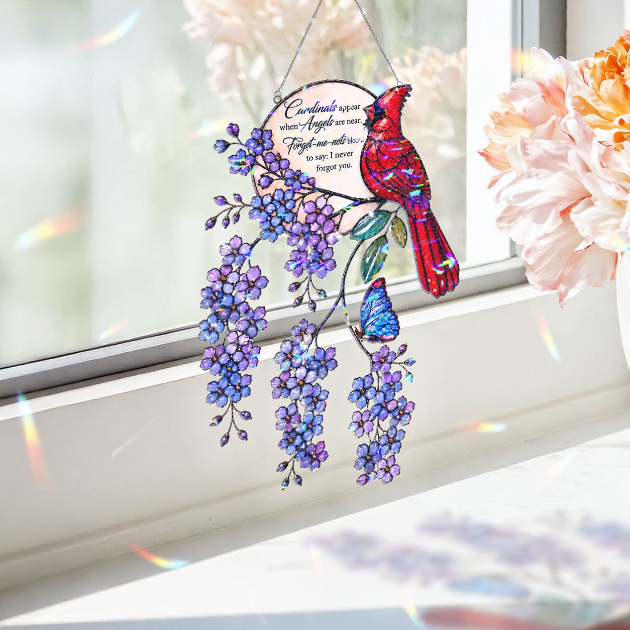 Cardinal & Forget-Me-Not Memorial Moon Holographic Acrylic Suncatcher
