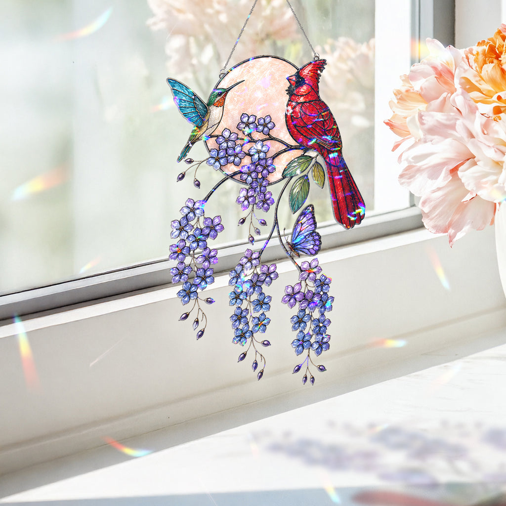Cardinal & Hummingbird Forget-Me-Not Moon Holographic Acrylic Suncatcher