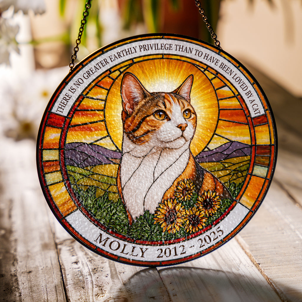 Cat memorial stained glass suncatcher catching warm sunlight
