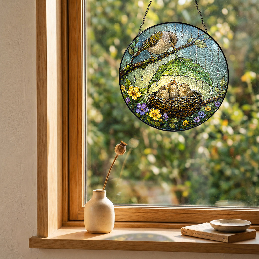 Bird Family Leaf Umbrella Stained Glass Suncatcher