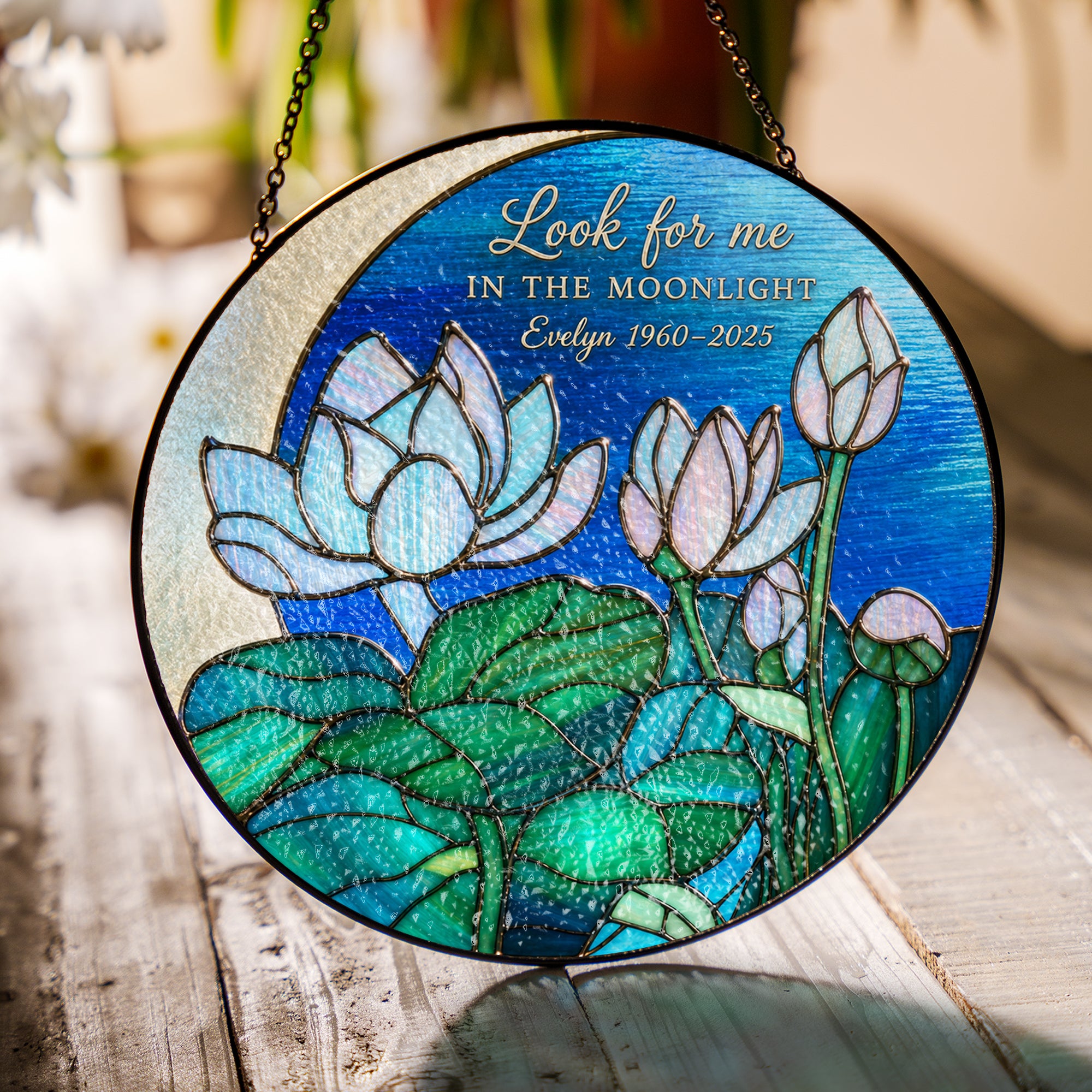 Personalized Memorial Suncatcher – Look For Me In The Moonlight Lotus Stained Glass