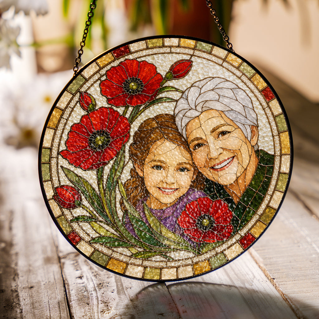 Personalized Photo Grandma Suncatcher – Custom Portrait &amp; Poppies Stained Glass Window Hanging
