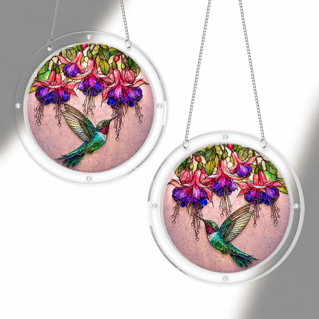 Hummingbird fuchsia puzzle suncatcher shown full round on a white background