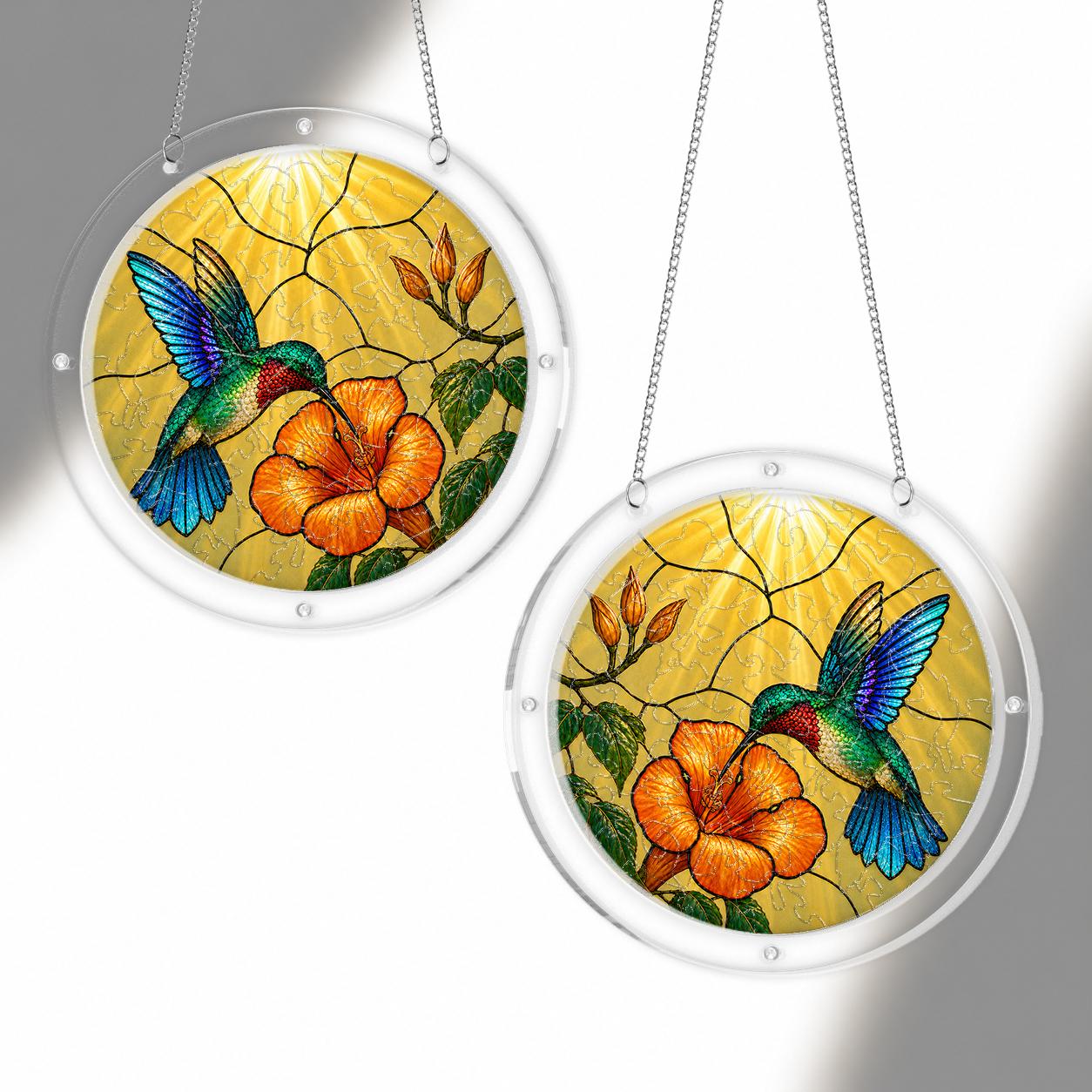 Hummingbird hibiscus puzzle suncatcher shown full round on a white background