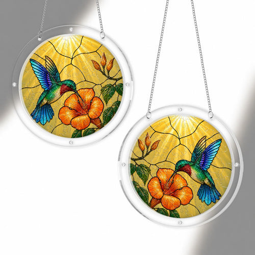 Hummingbird hibiscus puzzle suncatcher shown full round on a white background