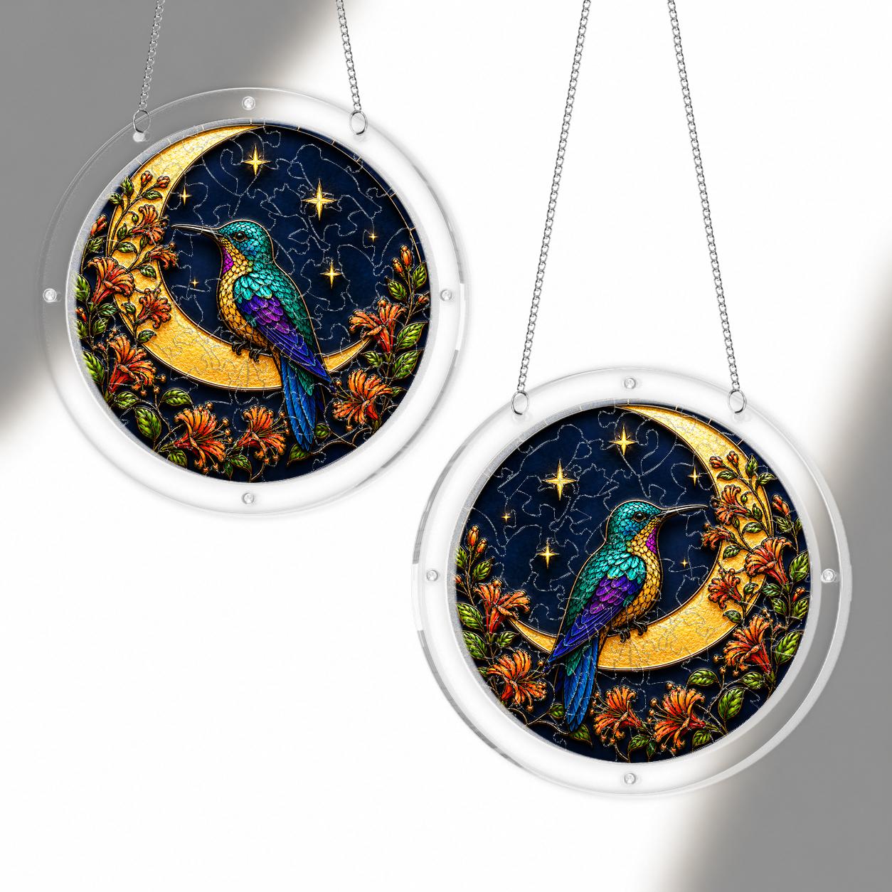 Hummingbird crescent-moon puzzle suncatcher shown full round on a white background