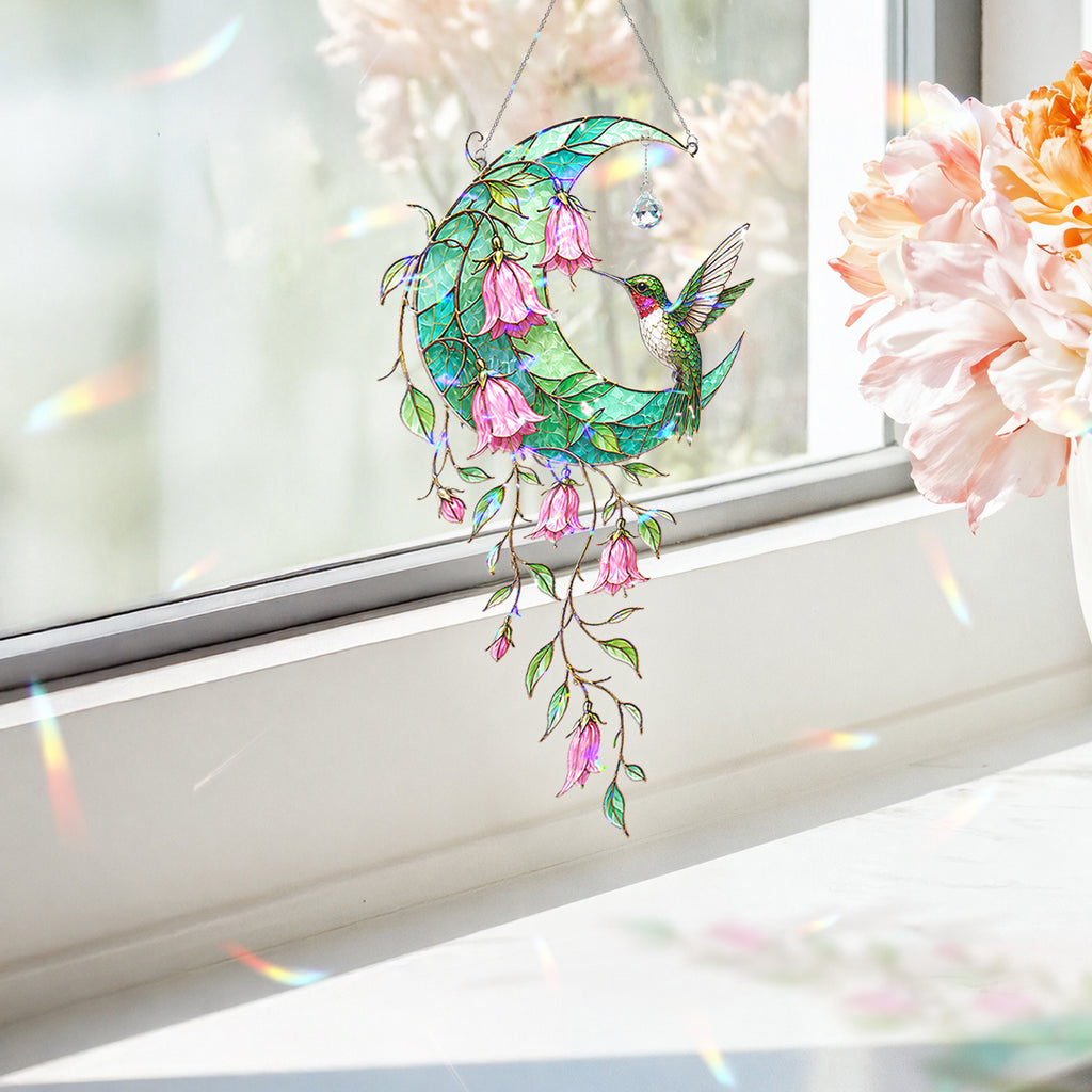 Hummingbird Teal Crescent Moon Holographic Acrylic Suncatcher with Crystal