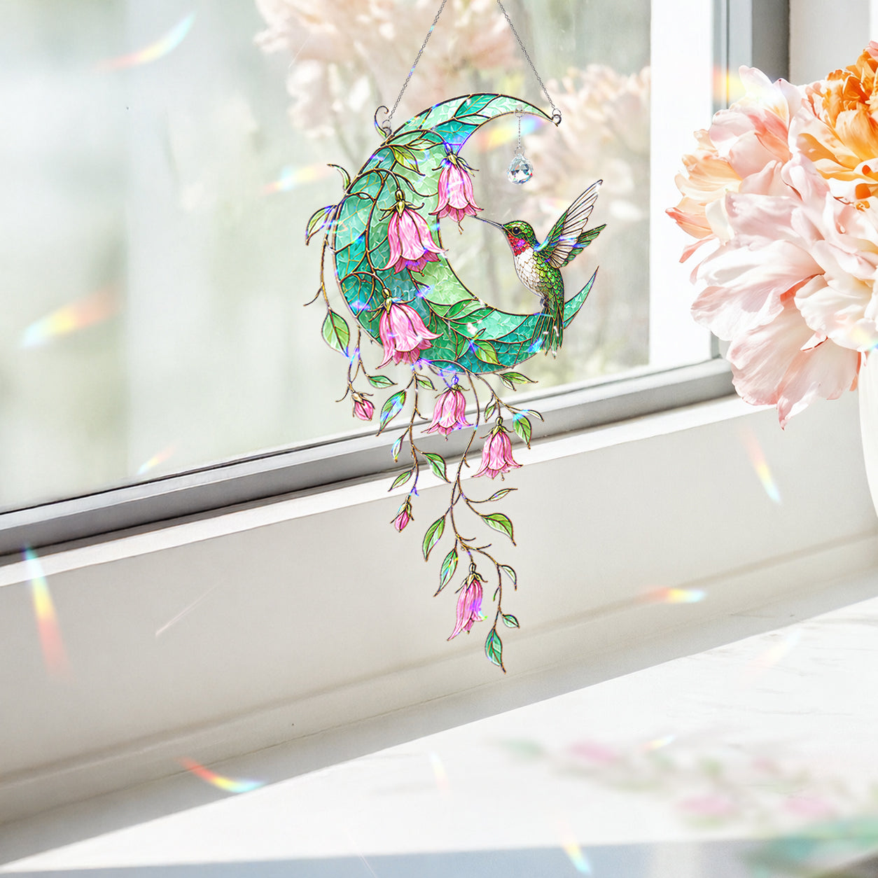 Hummingbird Teal Crescent Moon Holographic Acrylic Suncatcher with Crystal