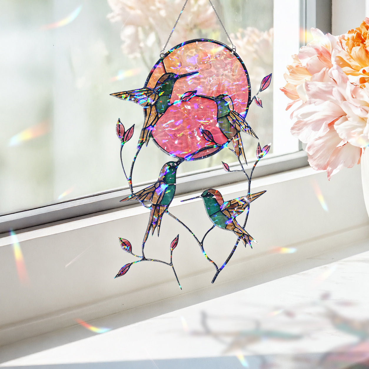 Hummingbird Pink Moon Holographic Acrylic Suncatcher
