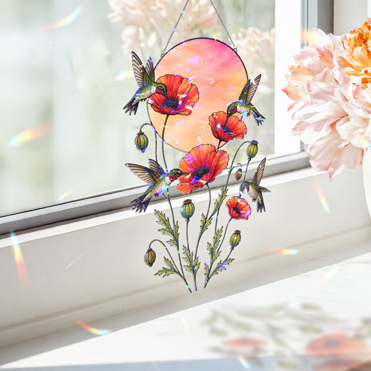 Hummingbirds & Red Poppy Sunset Moon Holographic Acrylic Suncatcher