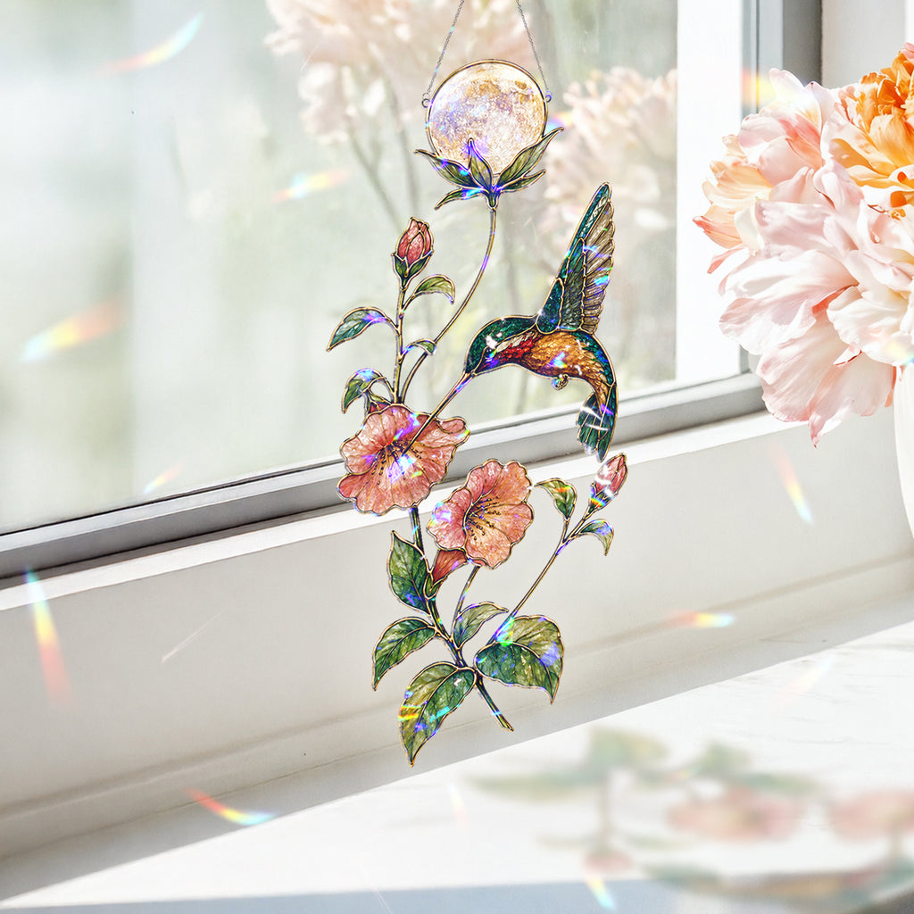 Hummingbird & Trumpet Flower Pearl Moon Holographic Acrylic Suncatcher