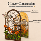 Two-layer construction mockup of the hummingbird poppy garden suncatcher showing the 3mm plywood top layer and 2mm acrylic bottom layer.