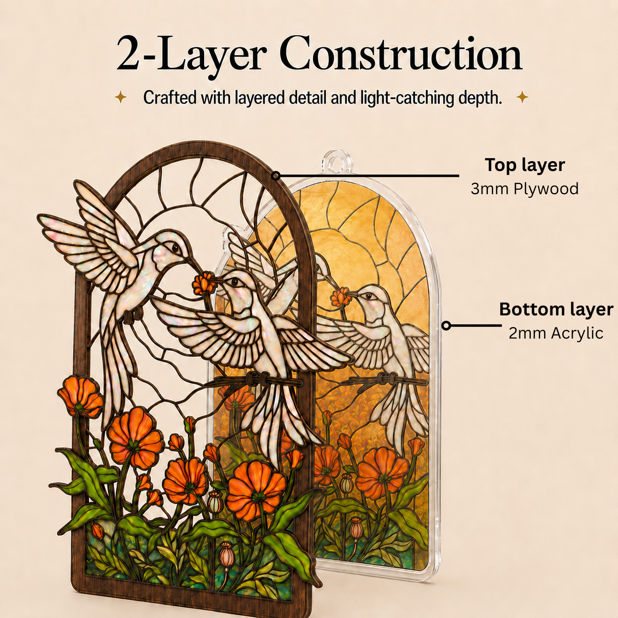 Two-layer construction mockup of the hummingbird poppy garden suncatcher showing the 3mm plywood top layer and 2mm acrylic bottom layer.