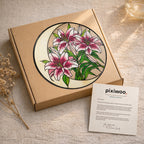 Pink lily stained glass suncatcher on Pixiwoo gift packaging with a thank-you card
