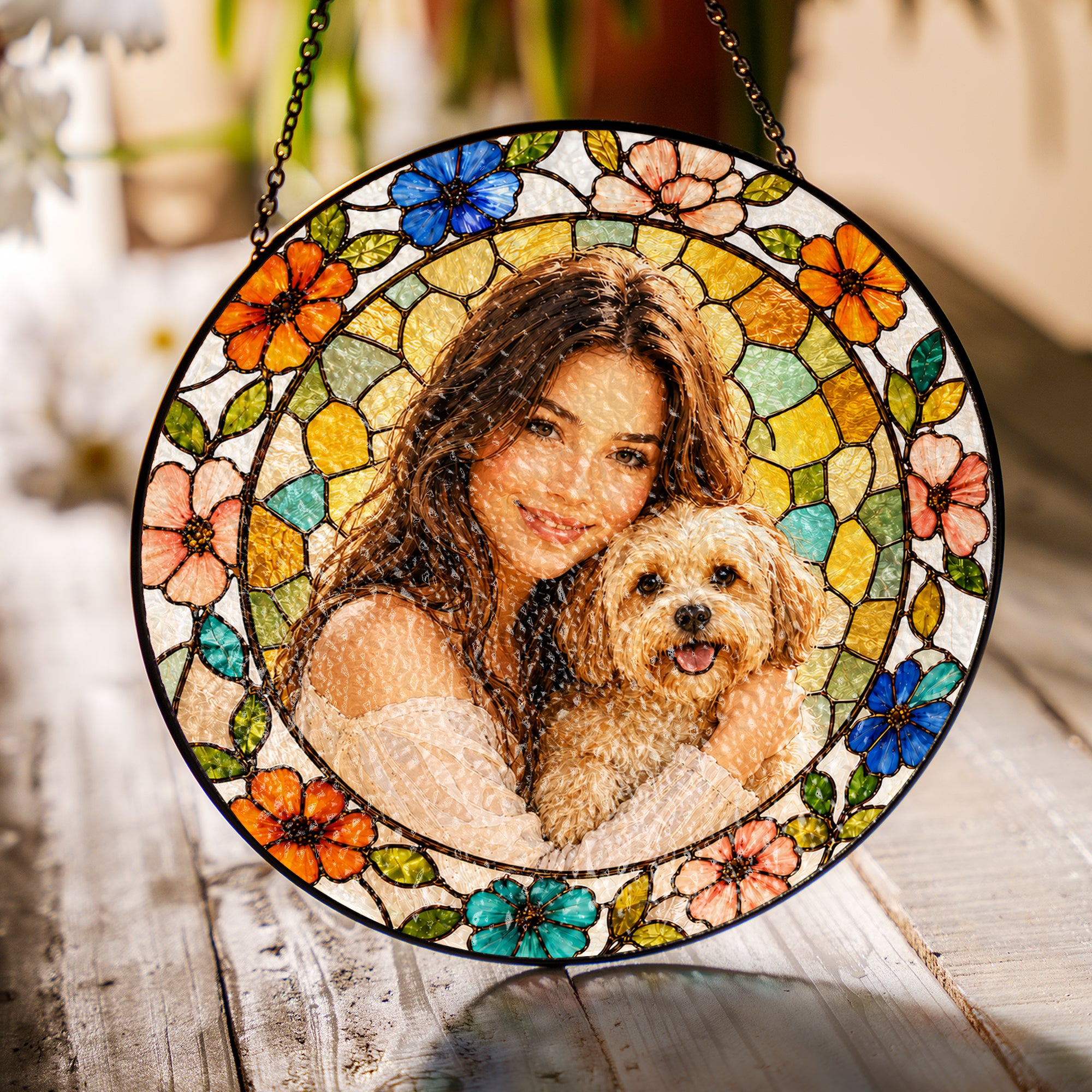 Custom pet and owner portrait suncatcher hanging in sunlight on rustic wood