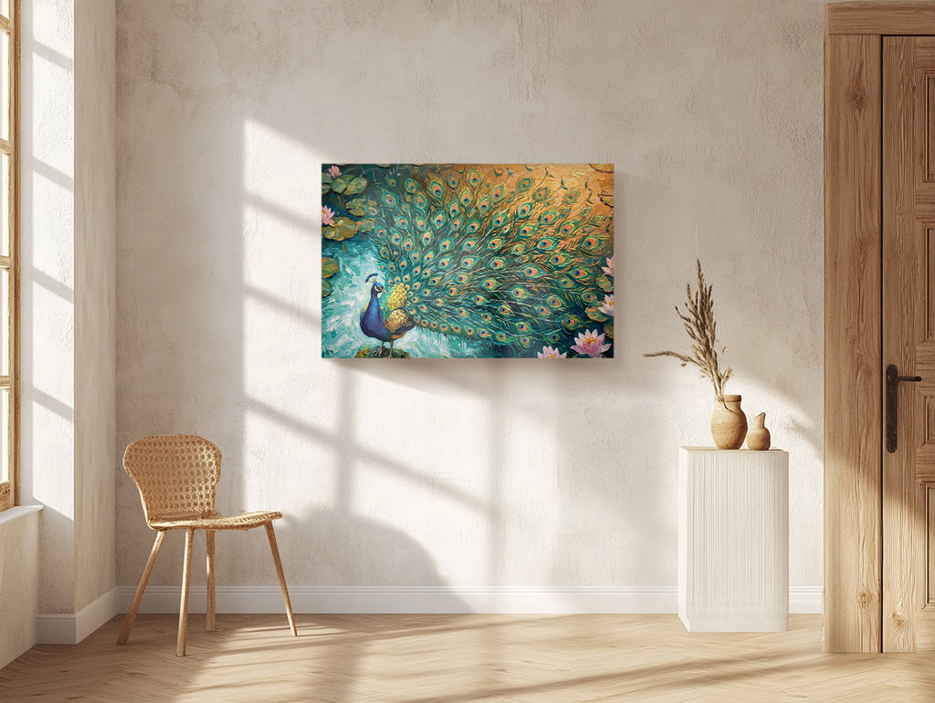 Peacock Canvas Wall Art Teal Blue Green Peacock Painting, 3D Feather Look for Living Room Bedroom Office