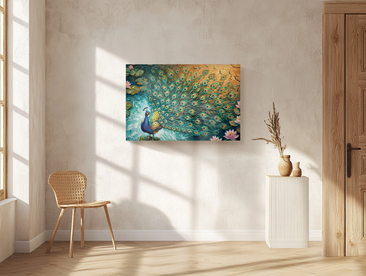Peacock Canvas Wall Art Teal Blue Green Peacock Painting, 3D Feather Look for Living Room Bedroom Office