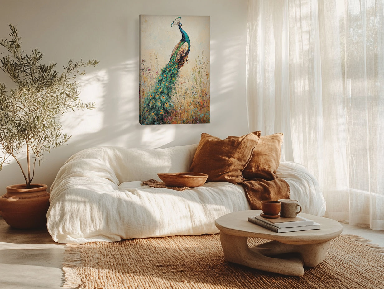 Peacock Canvas Wall Art Vintage Peacock Painting with Wildflowers