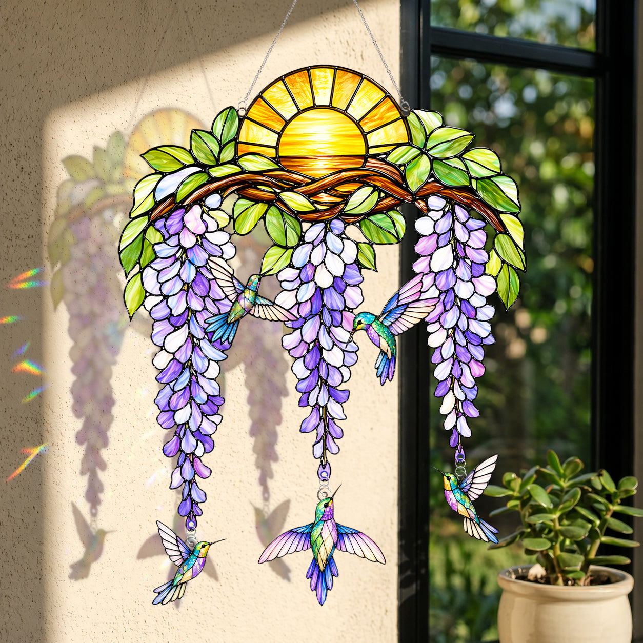 Stained Glass Hummingbird Suncatcher Window Hanging , Colorful Rainbow Window Decor