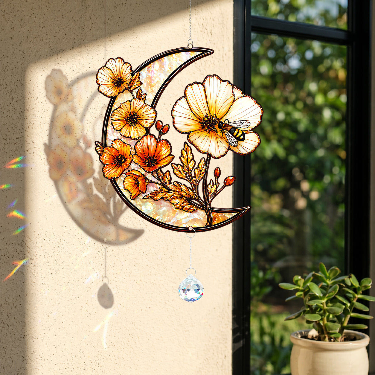 Crescent Moon Stained Glass Suncatcher with Flowers and Bee