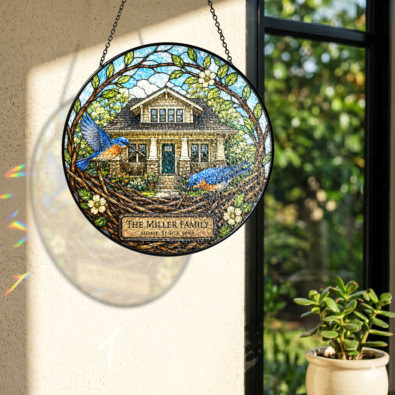 Personalized Family Name Home Bluebird Nest Stained Glass Suncatcher