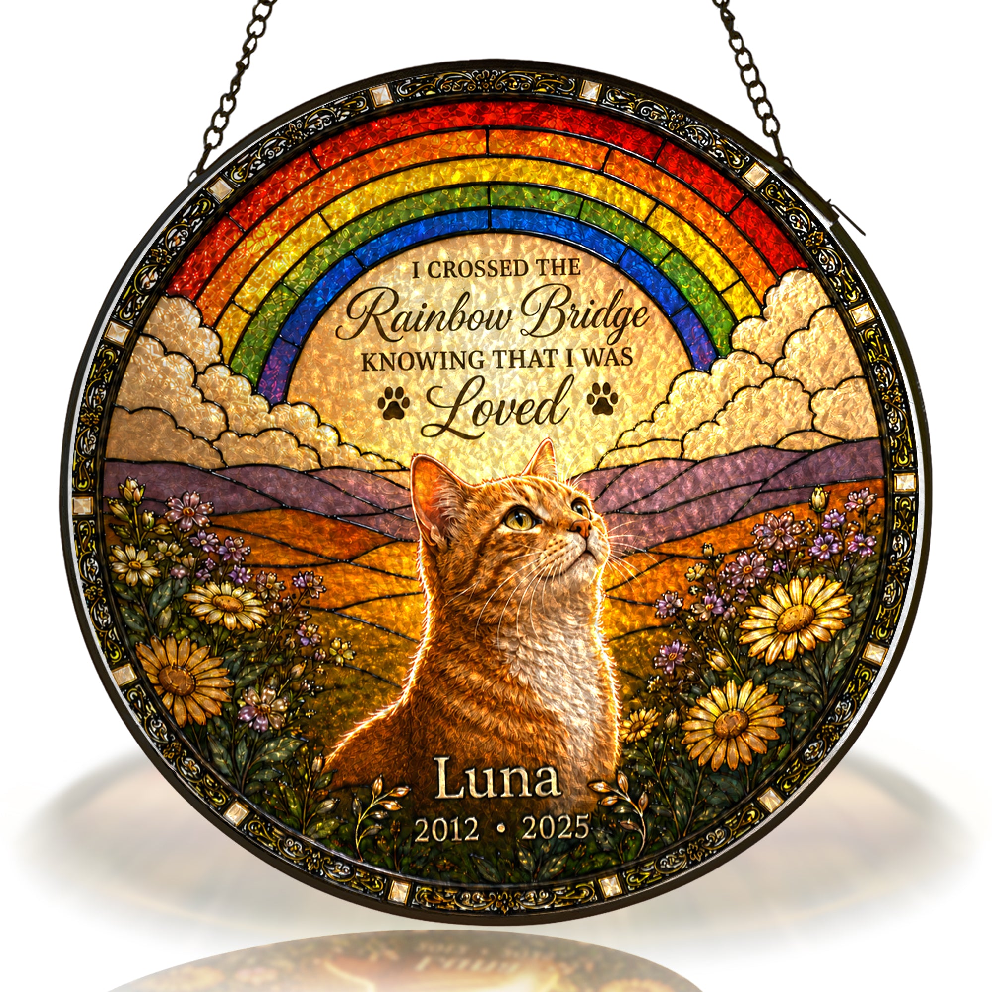 Personalized Rainbow Bridge Cat Memorial Glass Suncatcher
