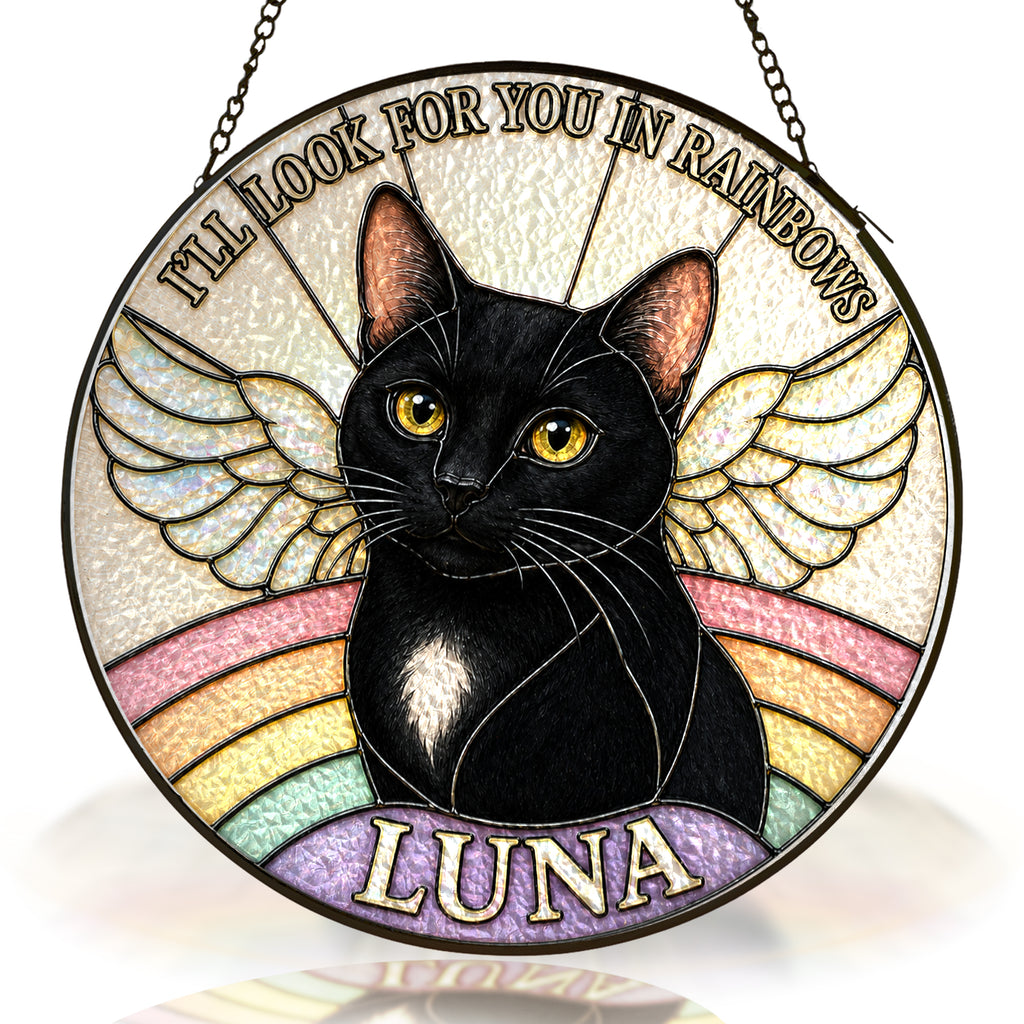 Personalized Cat Memorial Angel Wings Stained Glass Suncatcher