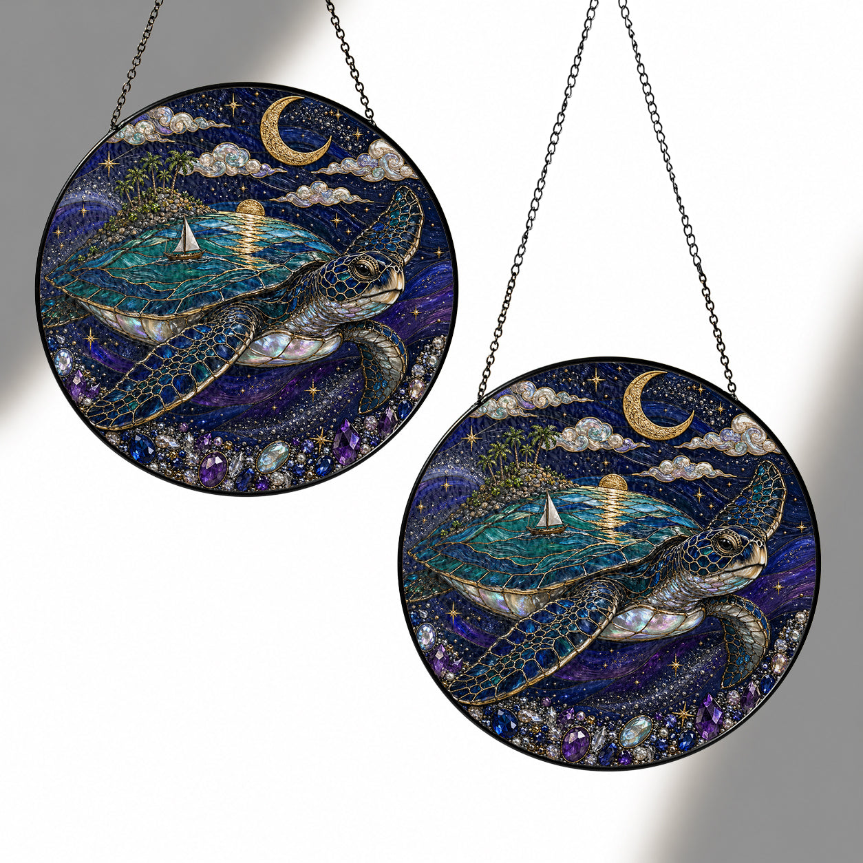 [PIXIWOO] Stained Glass Suncatcher Sea Turtle Window Hanging Decor, Ocean Turtle Island Acrylic Ornament, Moon Star Coastal Wall Art, Fantasy Beach House Sun Catcher Gift for Turtle Lovers