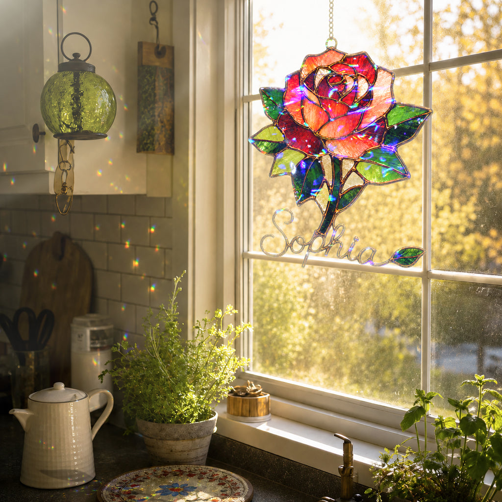 Personalized Red Rose Holographic Acrylic Suncatcher