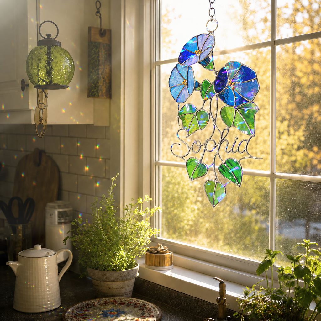 Personalized Blue Morning Glory Holographic Acrylic Suncatcher
