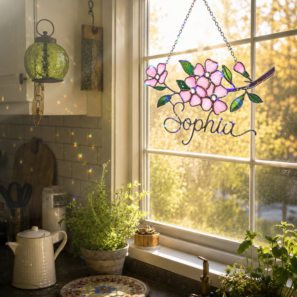 Personalized Pink Cherry Blossom Branch Holographic Acrylic Suncatcher