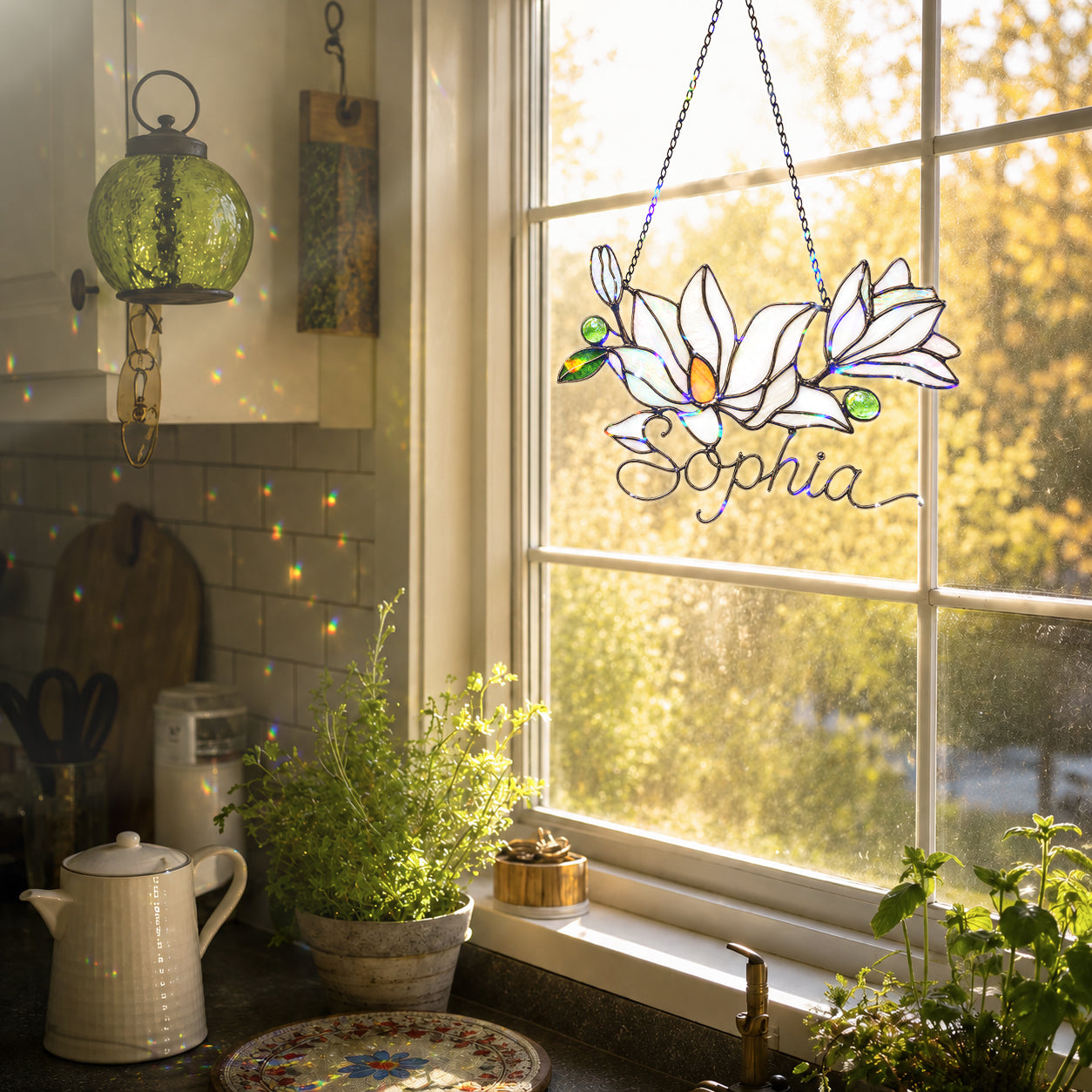 Personalized White Magnolia Branch Holographic Acrylic Suncatcher