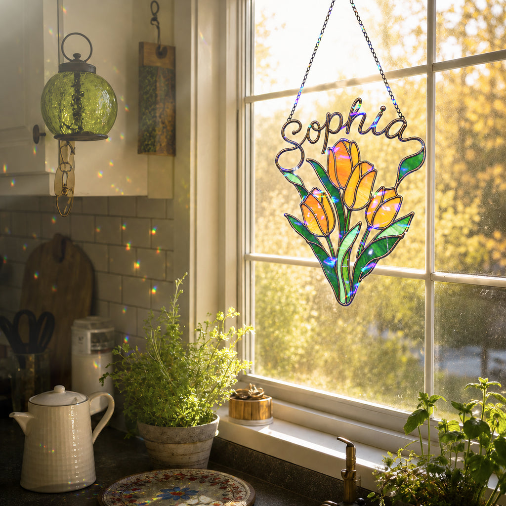 Personalized Yellow Tulip Bouquet Holographic Acrylic Suncatcher