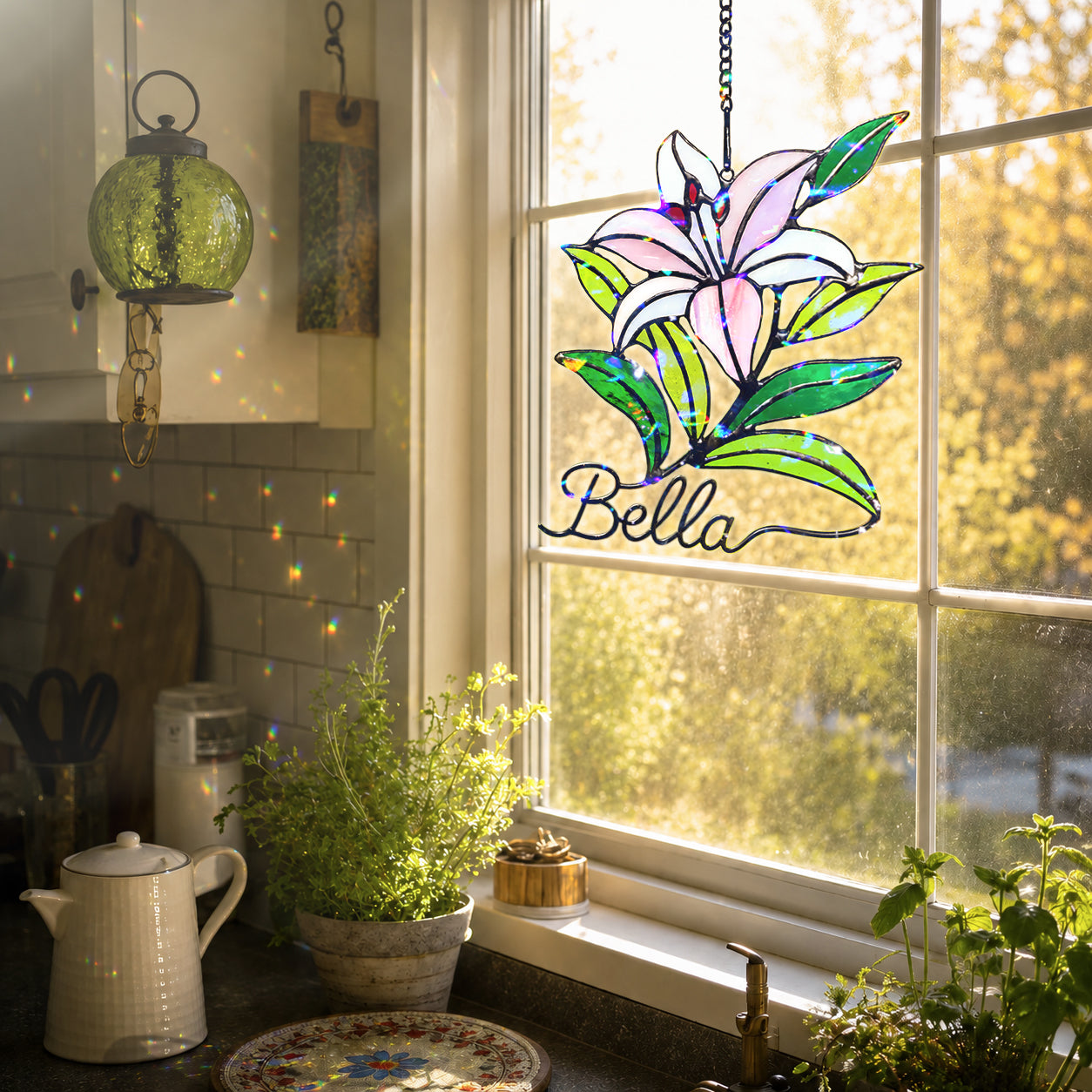 Personalized Pink Lily Flower Holographic Acrylic Suncatcher