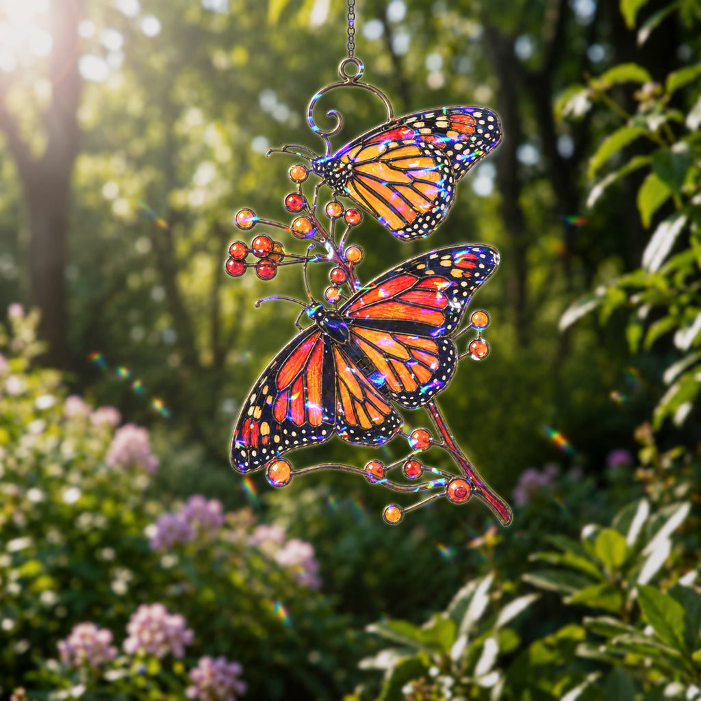 Monarch Butterflies & Berry Branch Holographic Acrylic Suncatcher