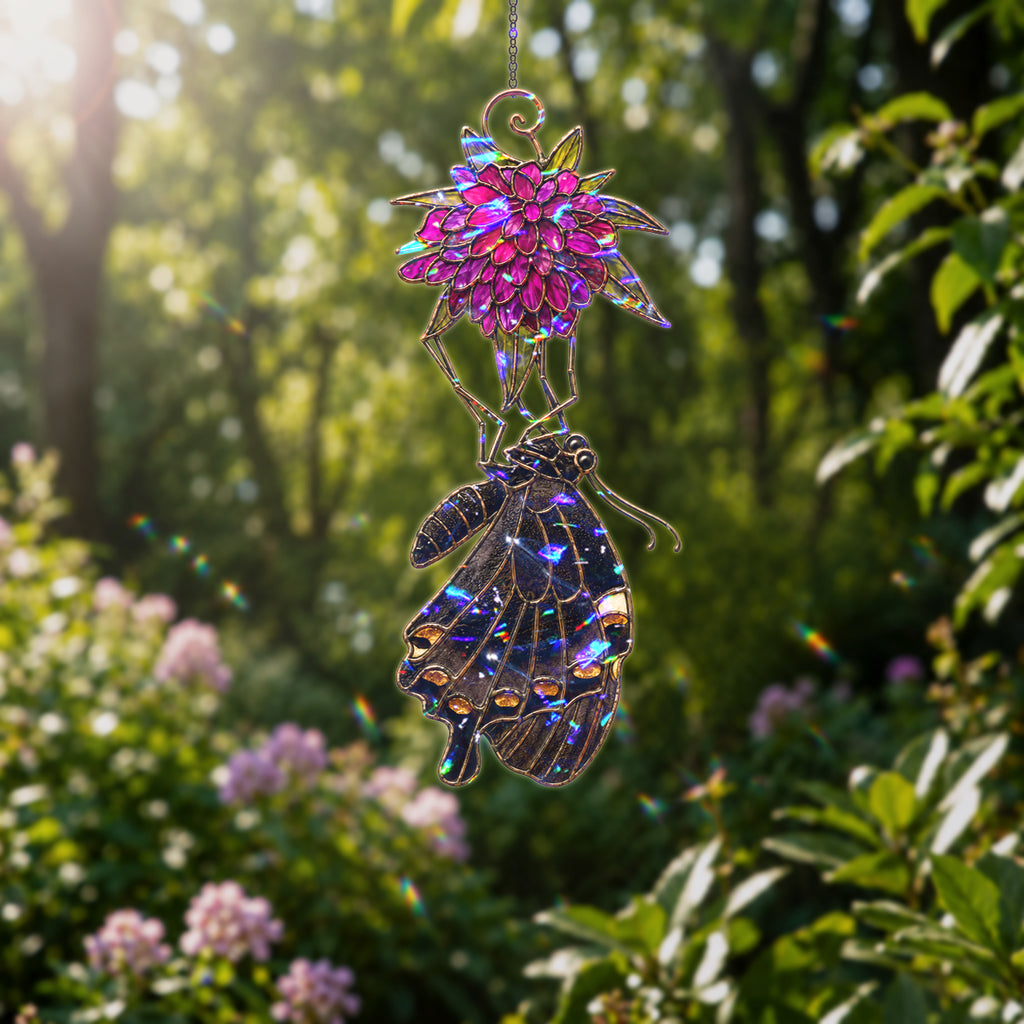 Black Swallowtail & Purple Dahlia Holographic Acrylic Suncatcher