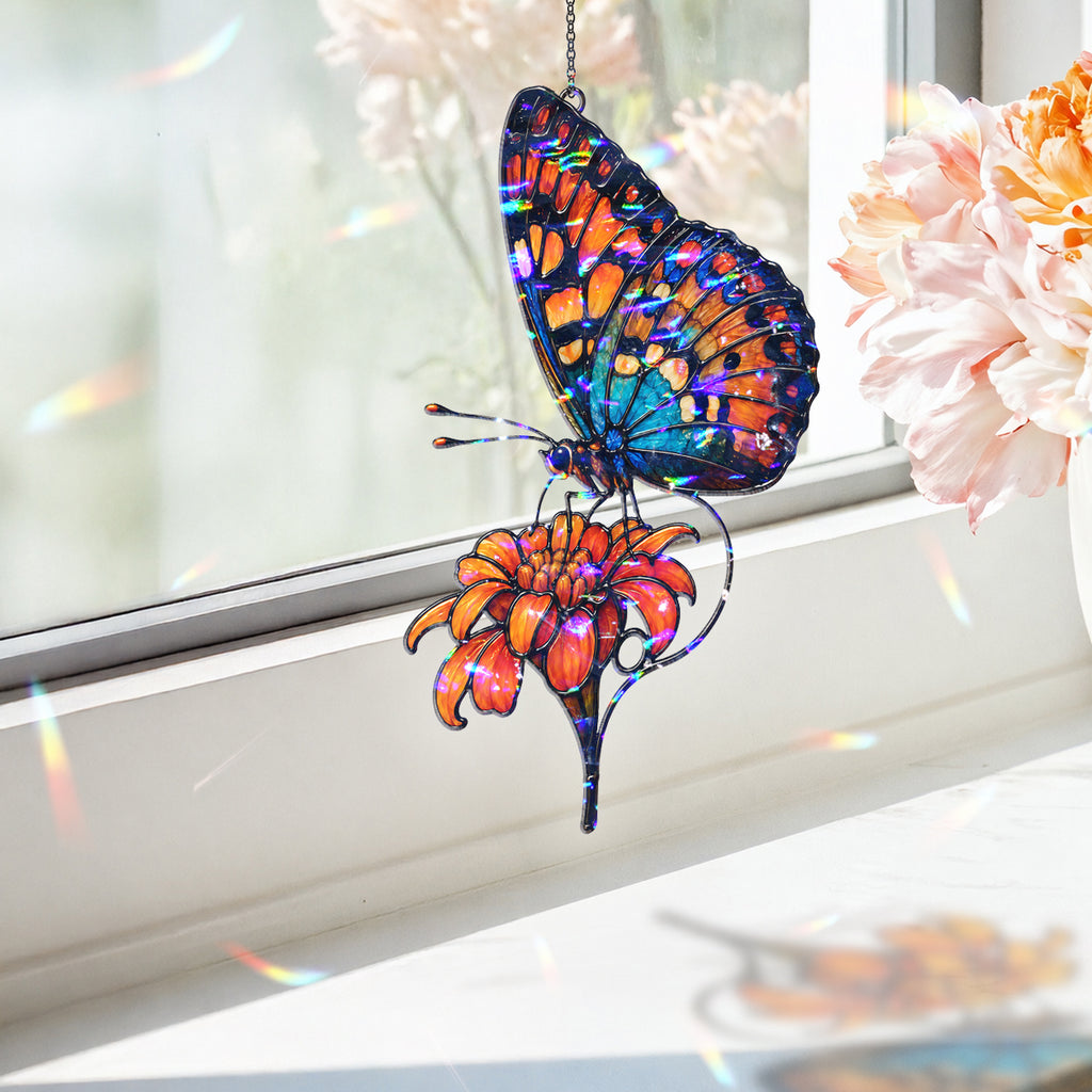 Orange & Blue Butterfly with Marigold Holographic Acrylic Suncatcher