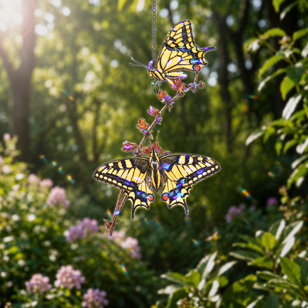 Two Swallowtail Butterflies on Blossom Branch Holographic Acrylic Suncatcher