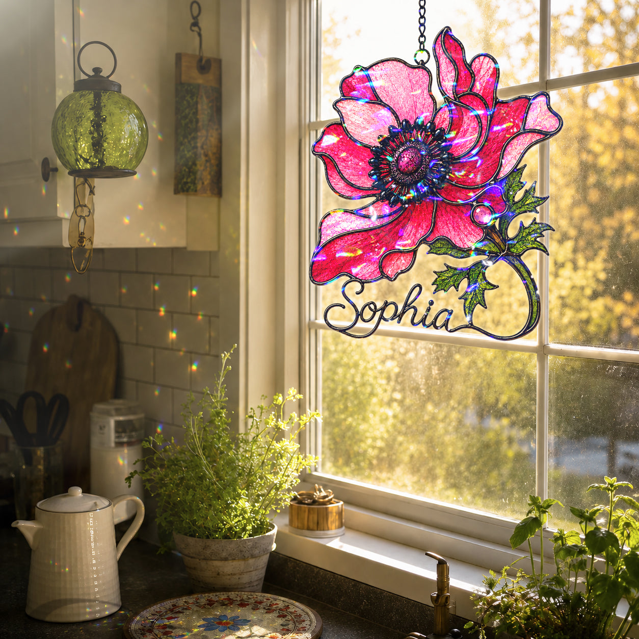 Personalized Pink Anemone Flower Holographic Acrylic Suncatcher