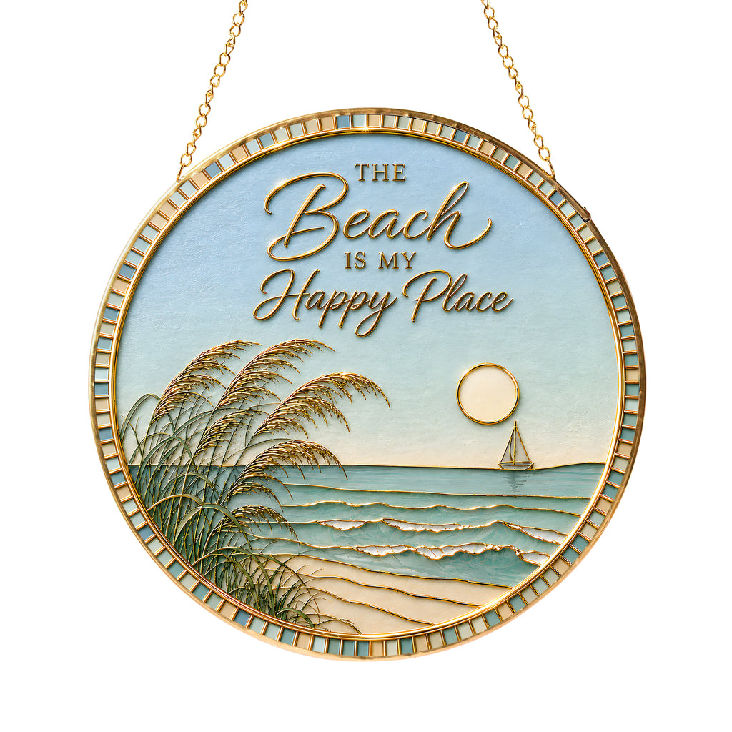 [PIXIWOO] Stained Glass Suncatcher Beach Window Hanging Decor, The Beach Is My Happy Place Ocean Acrylic Ornament, Coastal Wall Art, Beach House Sun Catcher Gift for Ocean Lovers